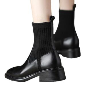 YOUTHJUNE Black Knit-Shaft Leather Ankle Boot - Women
